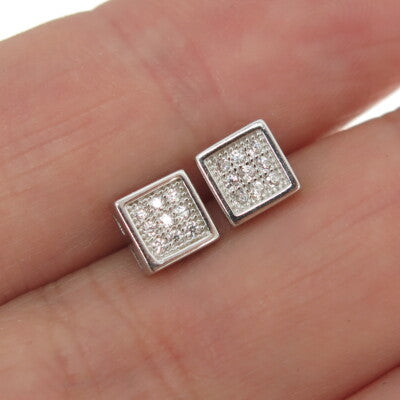 925 Sterling Silver Round-Cut Shaped C Z Square Stud Earrings
