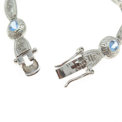 925 Sterling Silver Blue C Z Greek Maze Pattern Panel Link Bracelet 7"