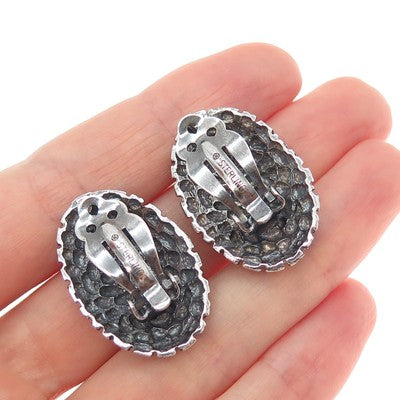 925 Sterling Silver Vintage Modernist Nugget Dome Oxidized Clip On Earrings