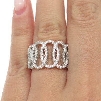 925 Sterling Silver Pave C Z Oval Chain Ring Size 6.25