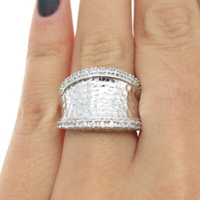 J. ESPOSITO 925 Sterling Silver C Z Hammered Finish Ring Size 6.25