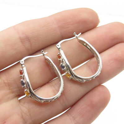 925 Sterling Silver Multi-Color Sapphire Gemstone Hinged Hoop Earrings