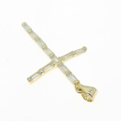 925 Sterling Silver Gold Plated Baguette-Cut C Z Cross Pendant