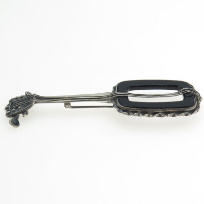 925 Sterling Silver Antique Art Deco Real Black Onyx Banjo Musical Pin Brooch
