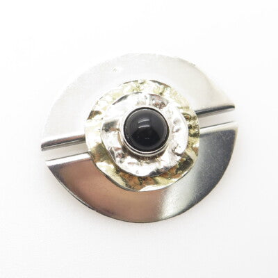 CHAIM PAZ Sterling Silver 2-Tone Vintage Jerusalem Black Onyx Modernist Brooch