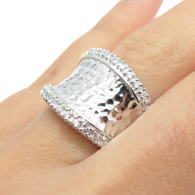 J. ESPOSITO 925 Sterling Silver C Z Hammered Finish Ring Size 6.25