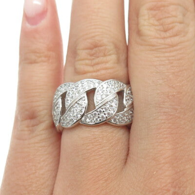 925 Sterling Silver Pave C Z Cuban Chain Band Ring Size 6.75
