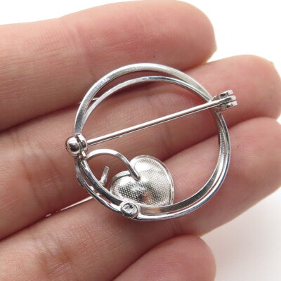 DE CURTIS Sterling Silver Antique Art Deco Real Pearl Heart Circle Pin Brooch