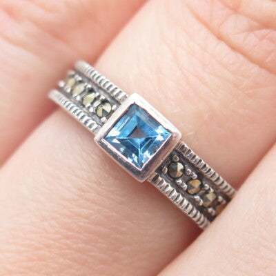 LAUREL EGAN 925 Sterling Silver Vintage Real Blue Topaz Marcasite Ring Size 6.75