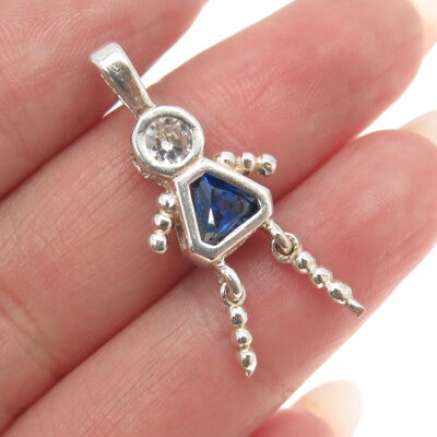 925 Sterling Silver White & Blue C Z Articulated Girl Pendant