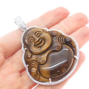 925 Sterling Silver Real Tiger Eye & C Z Buddha Pendant