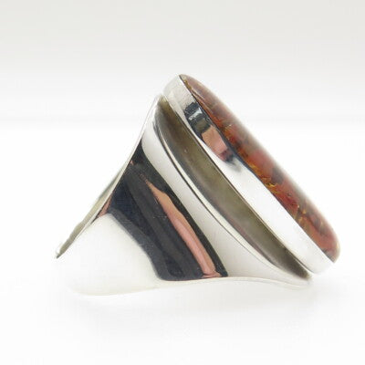 925 Sterling Silver Vintage Mexico Real Red Jasper Inlay Adjustable Ring Size 8