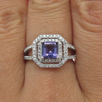 925 Sterling Silver Real Amethyst Gemstone & C Z Ring Size 7