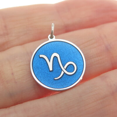 925 Sterling Silver Blue Enamel Capricorn Zodiac Sign Minimalist Charm Pendant
