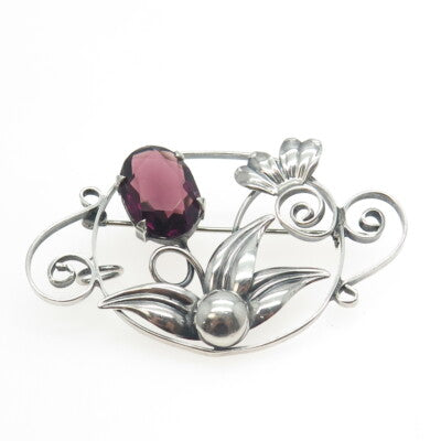 925 Sterling Silver Antique Art Deco Pink Glass Floral Pin Brooch