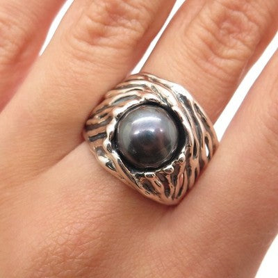 HAGIT GORALI 925 Sterling Vintage Israel Tahitian Pearl Modernist Ring Size 9.25