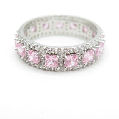 925 Sterling Silver White & Pink C Z All Around Eternity Band Ring Size 9.25