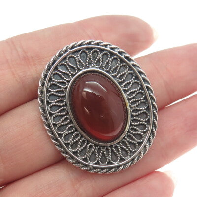 925 Sterling Silver Vintage Real Carnelian Gemstone Ethnic Pin Brooch / Pendant