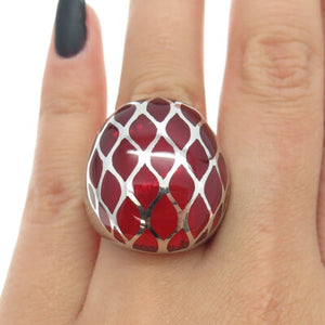 925 Sterling Silver Red Enamel Cage Domed Ring Size 7