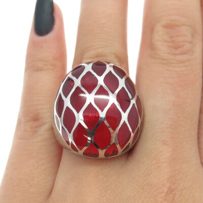 925 Sterling Silver Red Enamel Cage Domed Ring Size 7