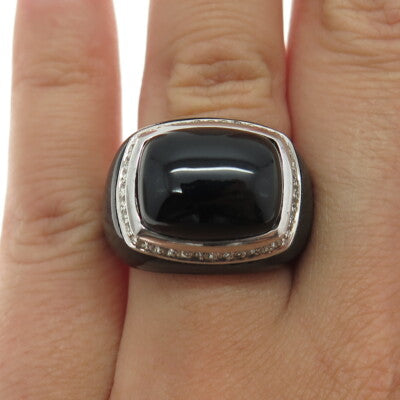925 Sterling Silver Enamel Real Black Onyx & White Topaz Ring Size 7.25