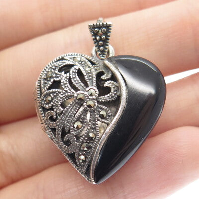 925 Sterling Silver Vintage Black Onyx & Marcasite Gem Heart Locket Pendant
