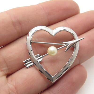 925 Sterling Silver Antique Art Deco Real Pearl Heart & Arrow Pin Brooch