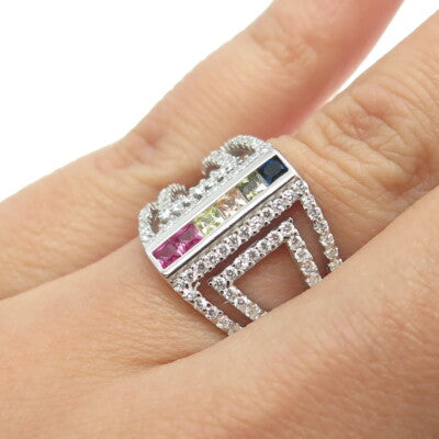 925 Sterling Silver Multi-Color C Z Geometric Ring Size 6.25