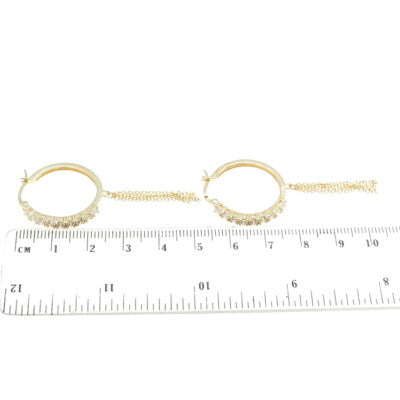 925 Sterling Silver Gold Plated Round-Cut C Z Tassel Hoop Earrings