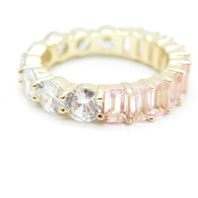 925 Sterling Silver Gold Plated White & Pink C Z Band Ring Size 9.25
