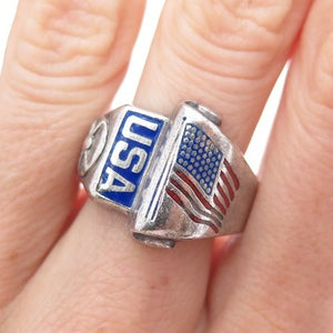 925 Sterling Silver Antique WWII DG Enamel US Army Corp Oxidized Ring Size 9.25