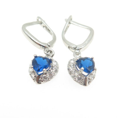 925 Sterling Silver White & Blue C Z Heart Dangling Earrings