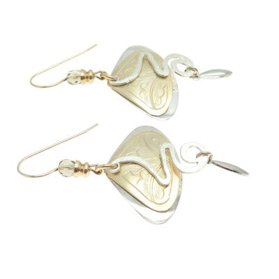 925 Sterling Silver & 14K Gold Filled Vintage Modernist Floral Dangling Earrings