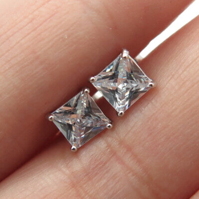 925 Sterling Silver Princess-Cut Shaped White C Z Stud Earrings