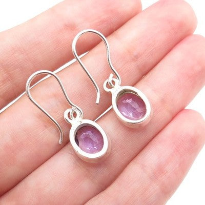 925 Sterling Silver Vintage Real Oval-Cut Amethyst Dangle Earrings