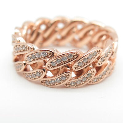 925 Sterling Silver Rose Gold Plated Round-Cut C Z Cuban Link Band Ring Size 7