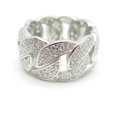 925 Sterling Silver Pave C Z Cuban Chain Band Ring Size 6.75