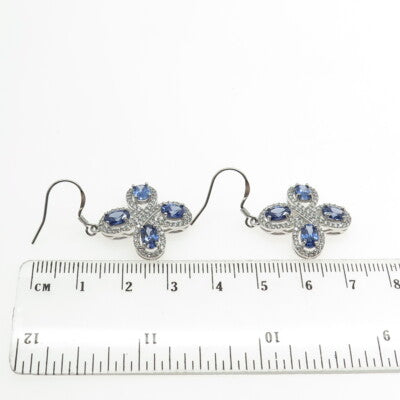 925 Sterling Silver White & Blue C Z Cross Dangling Hook Earrings