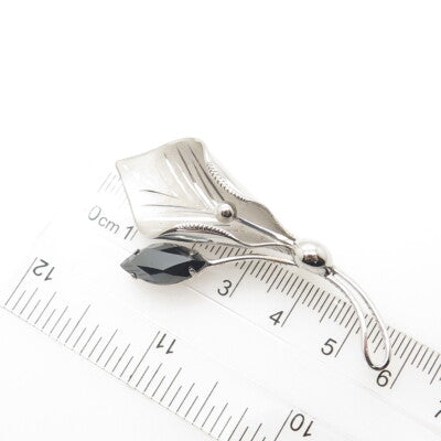 CURTIS CREATIONS 925 Sterling Silver Antique Art Deco Hematite Gem Lily Brooch
