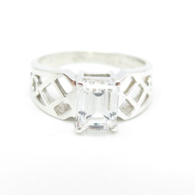 925 Sterling Silver Emerald-Cut Shaped C Z Cage Ring Size 9