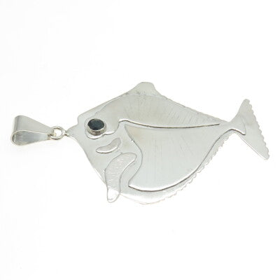 925 Sterling Silver Vintage MS 1994 Real Sapphire Modernist Fish Pendant