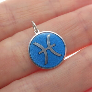 925 Sterling Silver Blue Enamel Pisces Zodiac Sign Minimalist Charm Pendant
