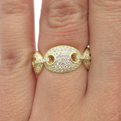 925 Sterling Silver Gold Plated Pave C Z Anchor Mariner Chain Band Ring Size 6