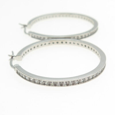 925 Sterling Silver Round-Cut All Around C Z Hoop Earrings