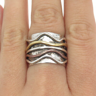 925 Sterling Silver 3-Tone Vintage Modernist Wavy Ring Size 8.5