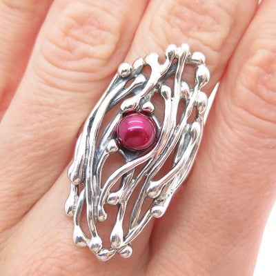 HAGIT GORALI Sterling Silver Vintage Israel Real Pearl Modernist Ring Size 7.75
