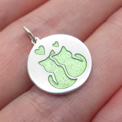 925 Sterling Silver Green Enamel Couple of Cats Love Minimalist Charm Pendant