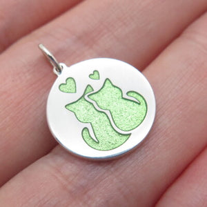 925 Sterling Silver Green Enamel Couple of Cats Love Minimalist Charm Pendant