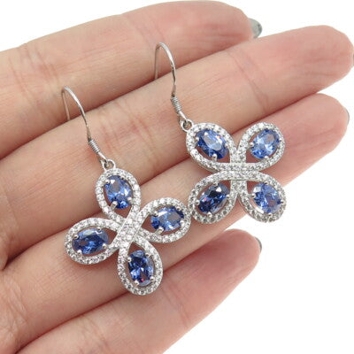 925 Sterling Silver White & Blue C Z Cross Dangling Hook Earrings