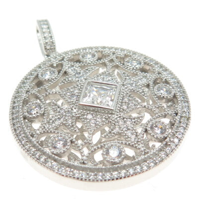 925 Sterling Silver Round-Cut C Z Fleur de Lis Round Pendant